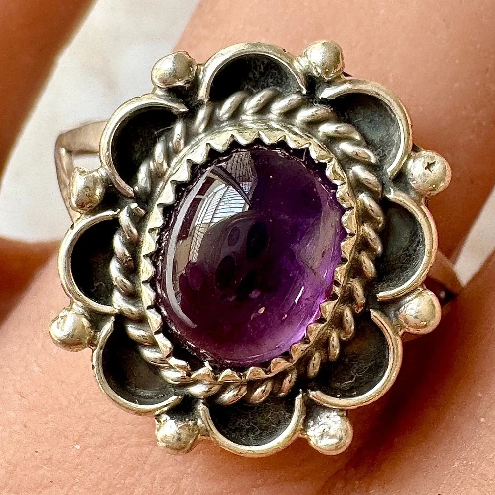 Navajo Flower Ring Purple Amethyst Sz 9.5 Sterling Silver Native Signed Morgan